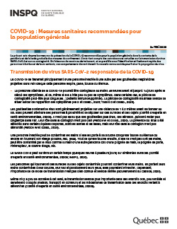 COVID-19 : Mesures sanitaires recommandées pour la population générale