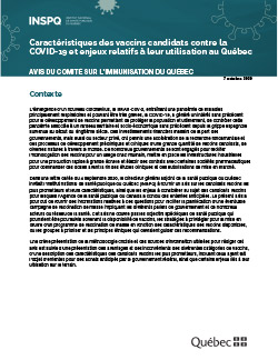 Caractéristiques des vaccins candidats contre la COVID 19 et enjeux relatifs à leur utilisation au Québec - Avis du Comité sur l'immunisation au Québec