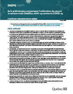 Avis préliminaire du Comité sur l'immunisation du Québec concernant l’utilisation du vaccin à vecteur viral ChAdOx1 nCoV-19 contre la COVID-19