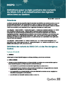 Définitions pour la vigie sanitaire des variants du SRAS-CoV-2 et classification des lignées détecté(e)s au Québec Définitions pour la vigie sanitaire des variants du SRAS-CoV-2 et classification des lignées détecté(e)s au Québec